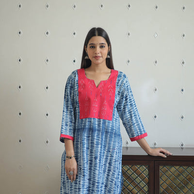 Blue Patchwork Tie & Dye Cotton Straight Shibori Kurta for Women