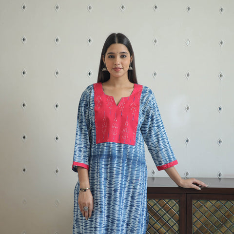 Blue Patchwork Tie & Dye Cotton Straight Shibori Kurta for Women
