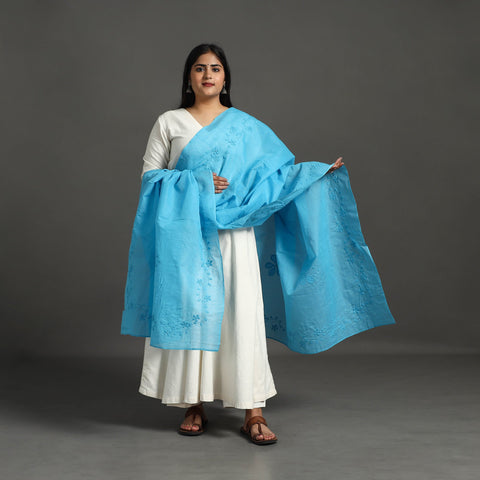 Blue - patti kaam applique work pure cotton dupatta