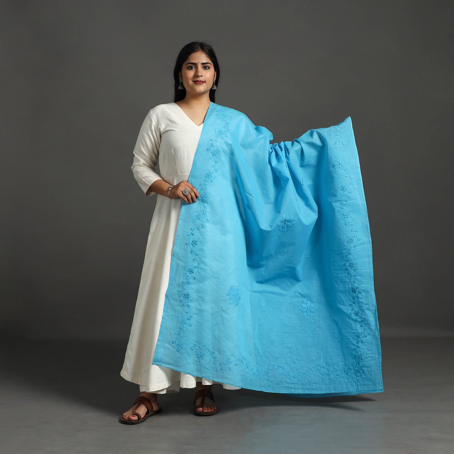 Blue - patti kaam applique work pure cotton dupatta
