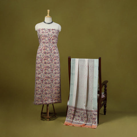 Blue - peach - merino wool sanganeri 3pc unstitched dress