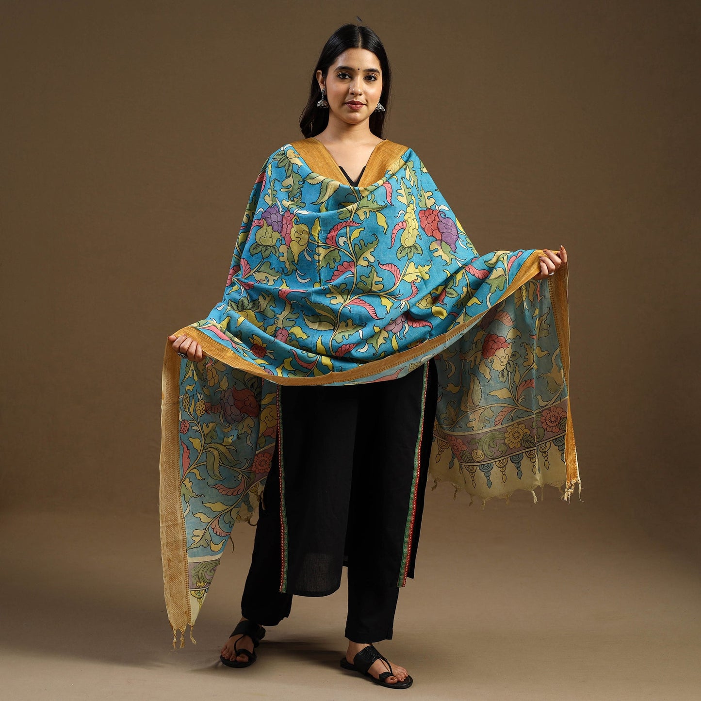 Pen Work Chanderi Silk Handpainted Kalamkari Dupatta