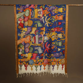 Blue Pen Work Chanderi Silk Handpainted Kalamkari Dupatta