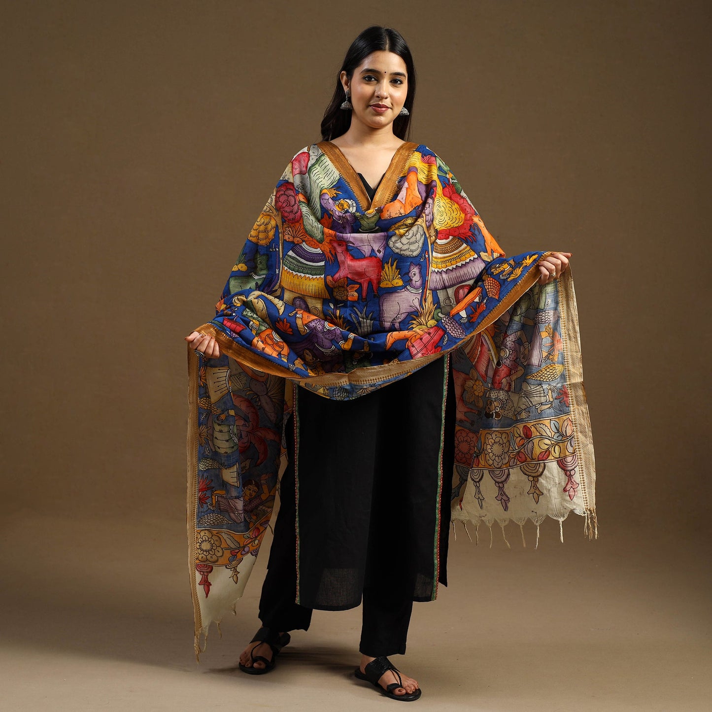 Blue Pen Work Chanderi Silk Handpainted Kalamkari Dupatta