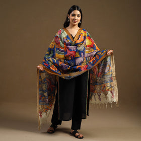 Blue Pen Work Chanderi Silk Handpainted Kalamkari Dupatta