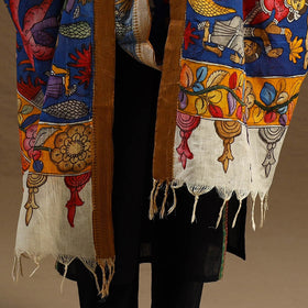 Blue Pen Work Chanderi Silk Handpainted Kalamkari Dupatta