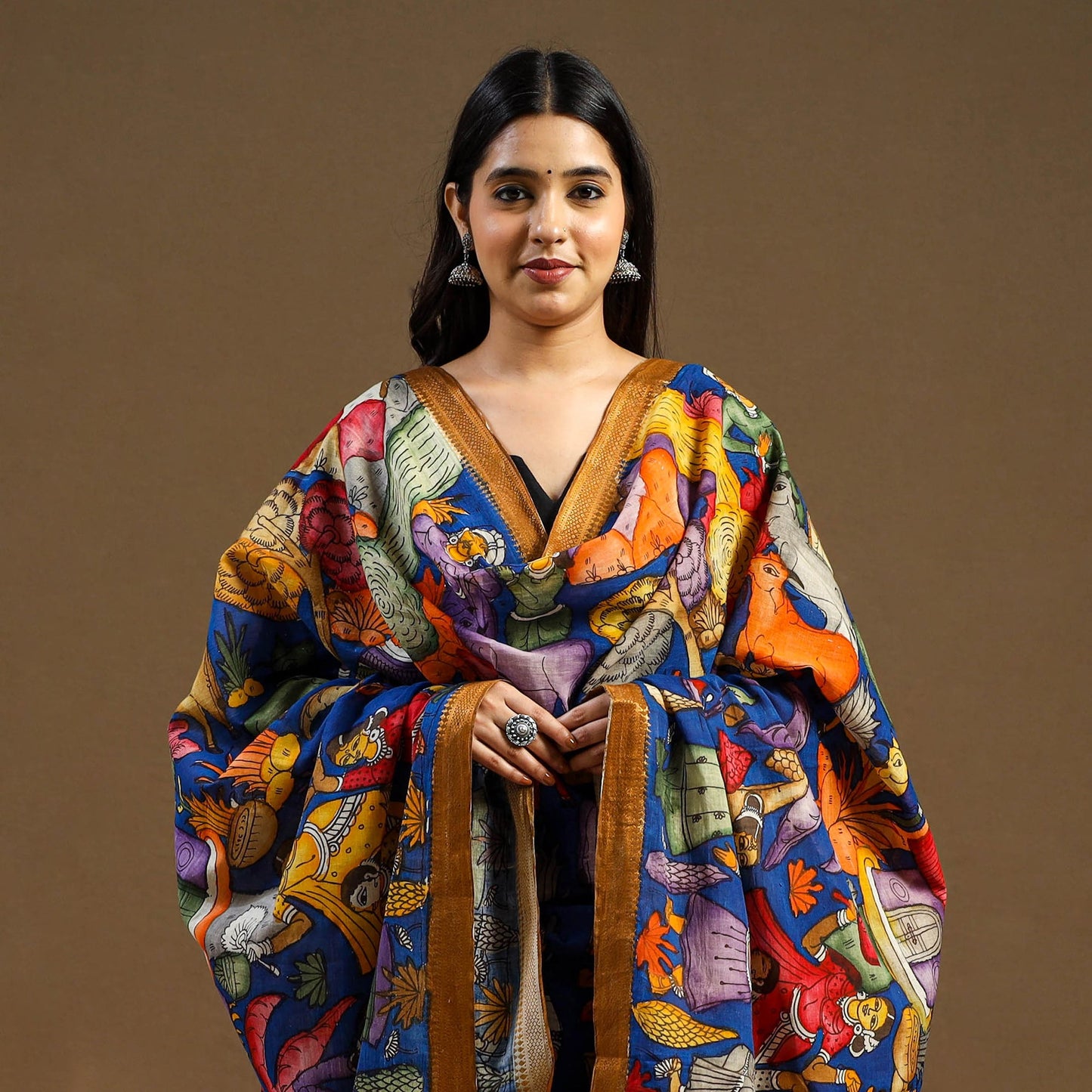 Blue Pen Work Chanderi Silk Handpainted Kalamkari Dupatta