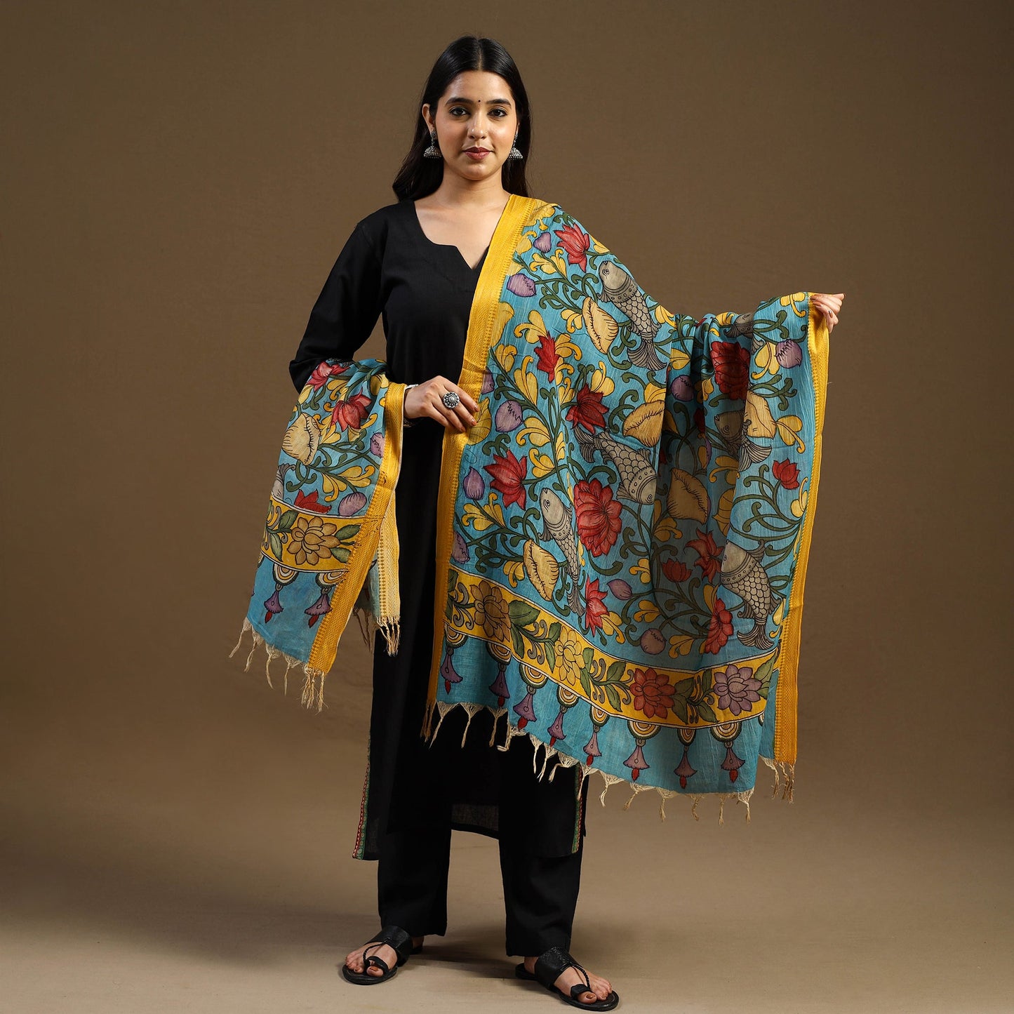 Blue - pen work chanderi silk handpainted kalamkari dupatta
