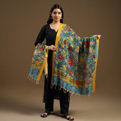 Blue - pen work chanderi silk handpainted kalamkari dupatta