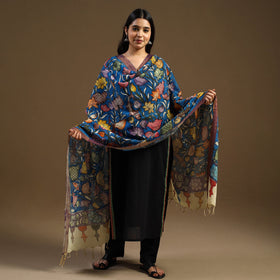 Blue Pen Work Chanderi Silk Handpainted Kalamkari Dupatta