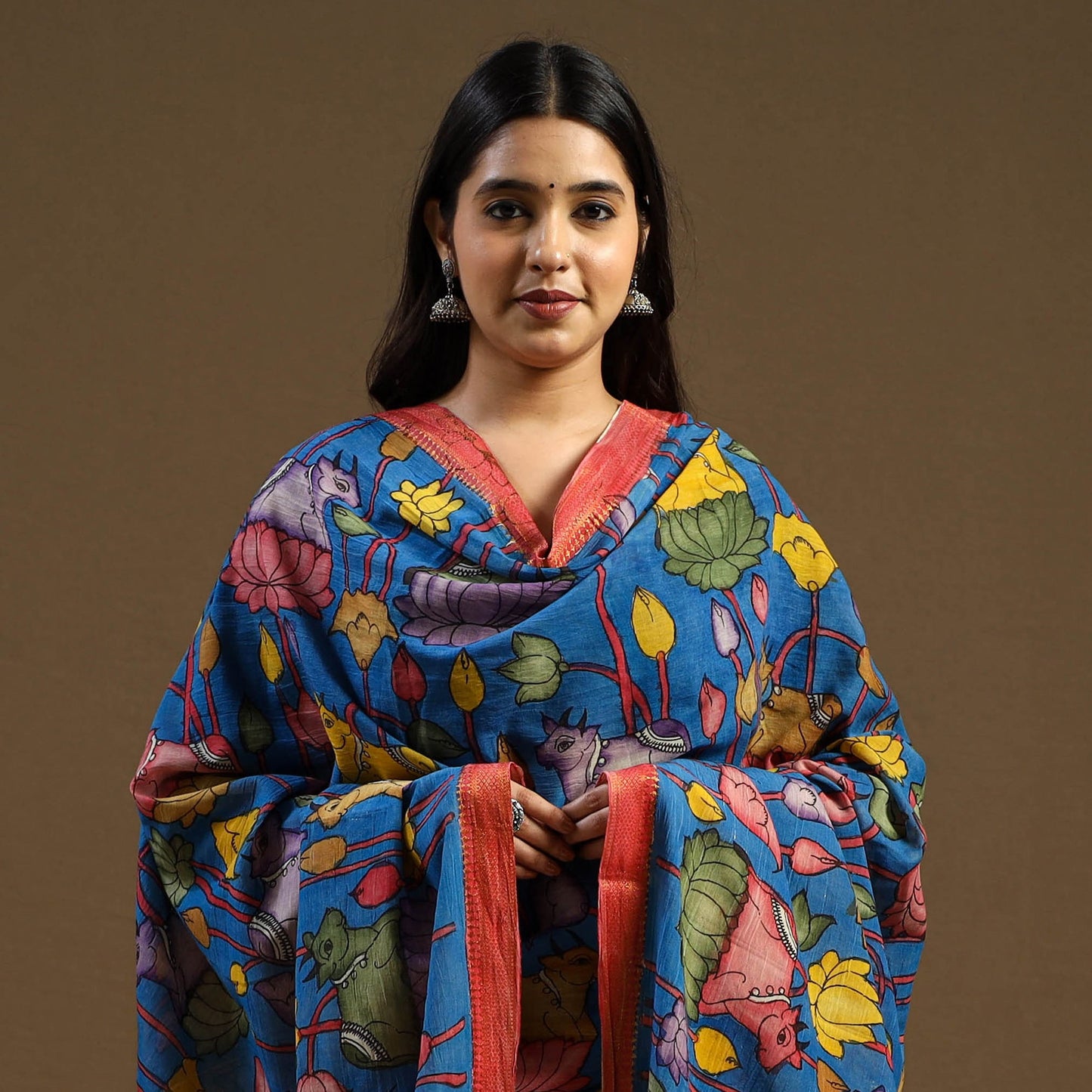 Blue Pen Work Chanderi Silk Handpainted Kalamkari Dupatta