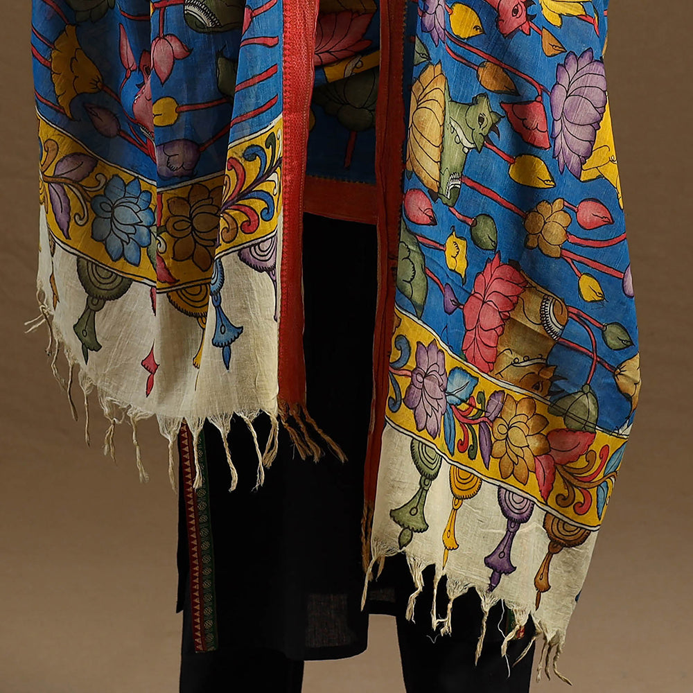 Blue Pen Work Chanderi Silk Handpainted Kalamkari Dupatta