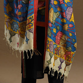 Blue Pen Work Chanderi Silk Handpainted Kalamkari Dupatta