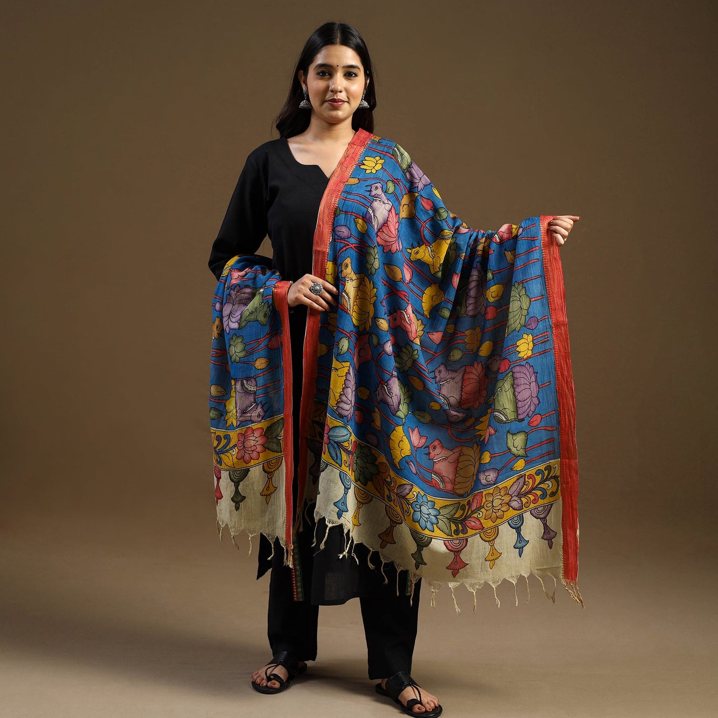 Blue Pen Work Chanderi Silk Handpainted Kalamkari Dupatta