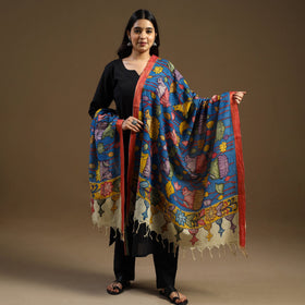Blue Pen Work Chanderi Silk Handpainted Kalamkari Dupatta