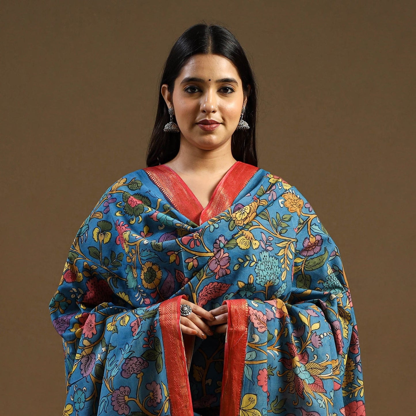 Blue Pen Work Mangalagiri Cotton Handpainted Kalamkari Dupatta