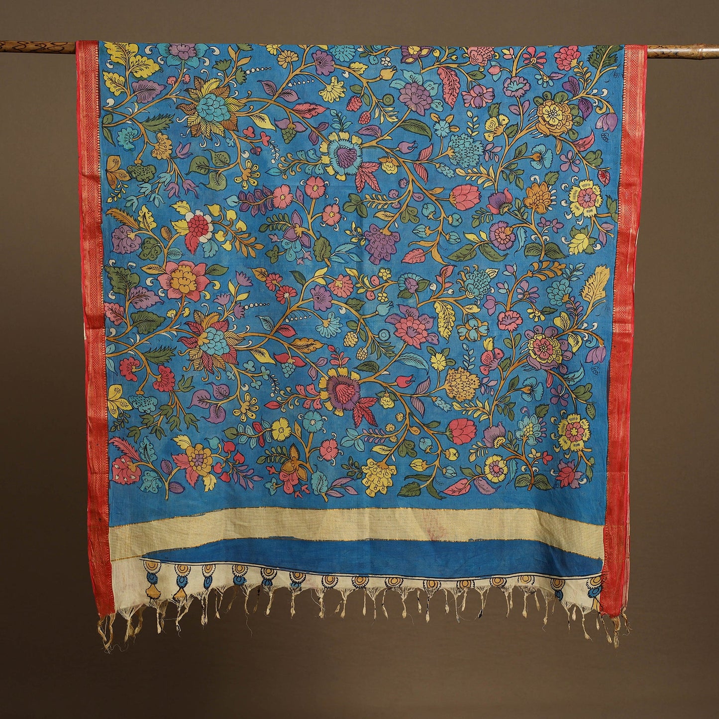 Blue Pen Work Mangalagiri Cotton Handpainted Kalamkari Dupatta