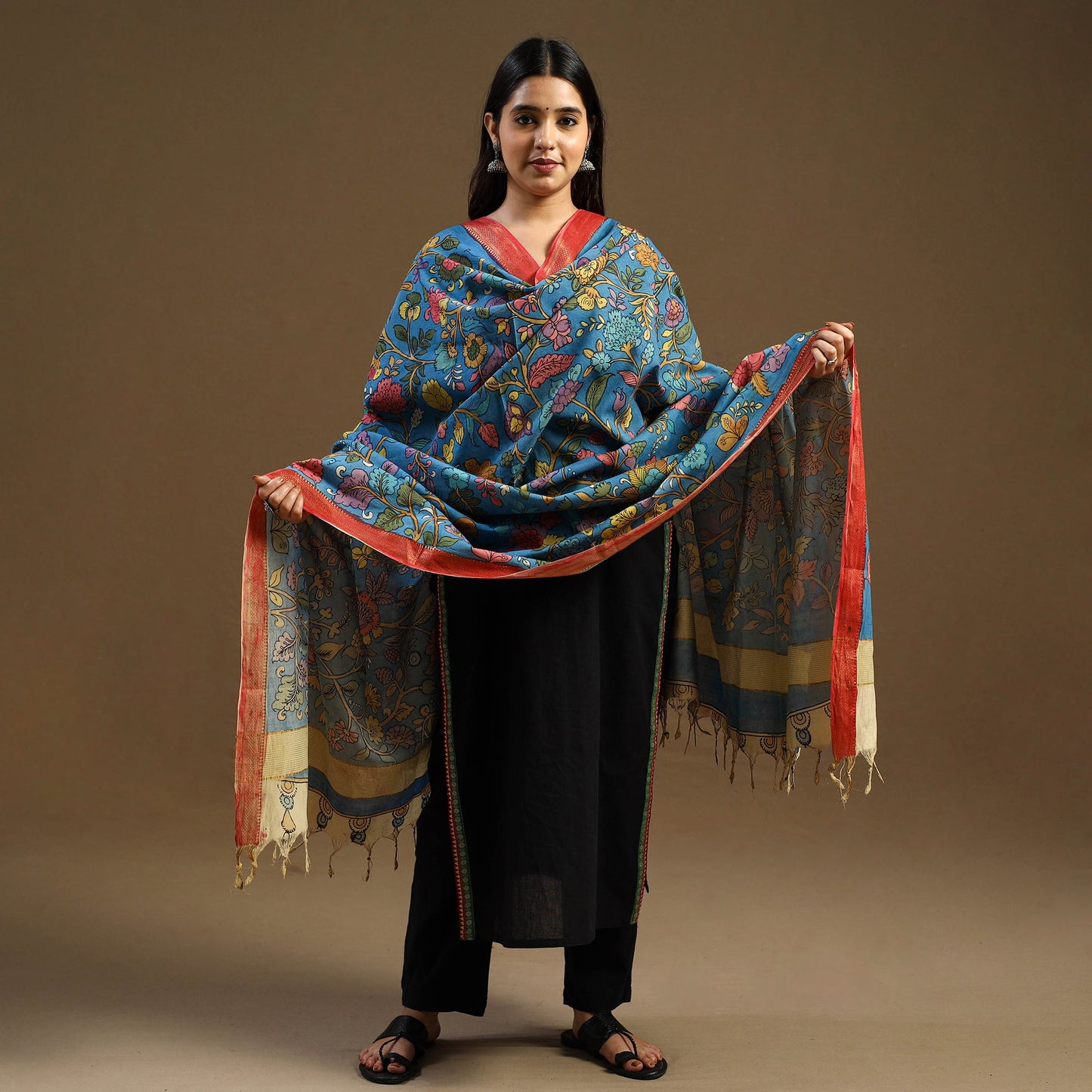 Blue Pen Work Mangalagiri Cotton Handpainted Kalamkari Dupatta