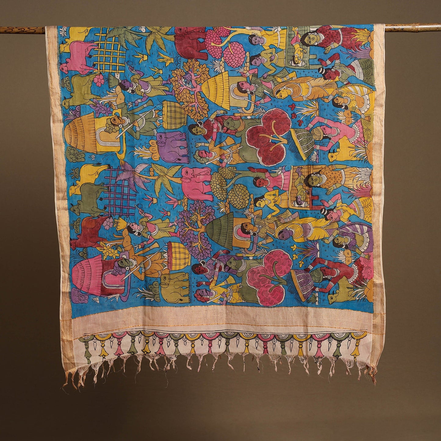 Pen Work Mangalagiri Cotton Handpainted Kalamkari Dupatta