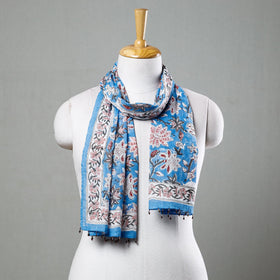  Blue with Pink Flowers Sanganeri Block Printed Cotton Stole with Beaded Border 
