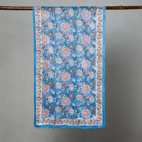  Blue with Pink Flowers Sanganeri Block Printed Cotton Stole with Beaded Border 