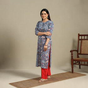 Blue - pintuck cotton straight sanganeri kurta 13