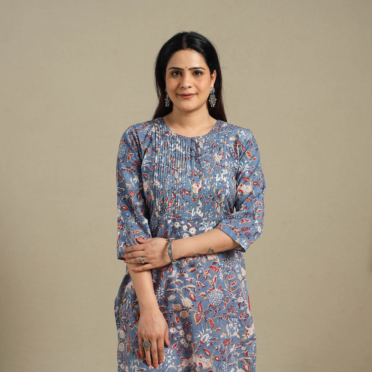 Blue - pintuck cotton straight sanganeri kurta 13