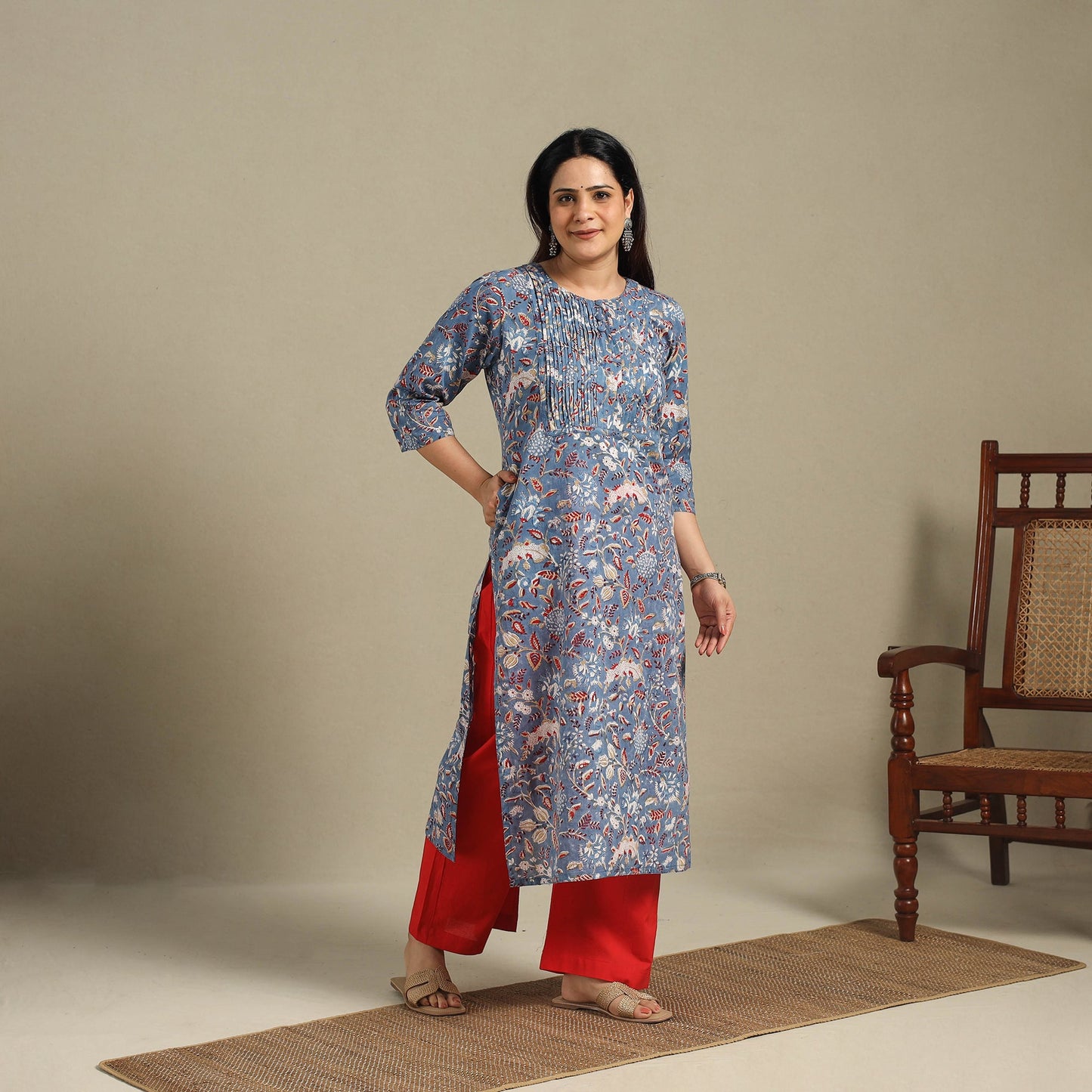 Blue - pintuck cotton straight sanganeri kurta 13