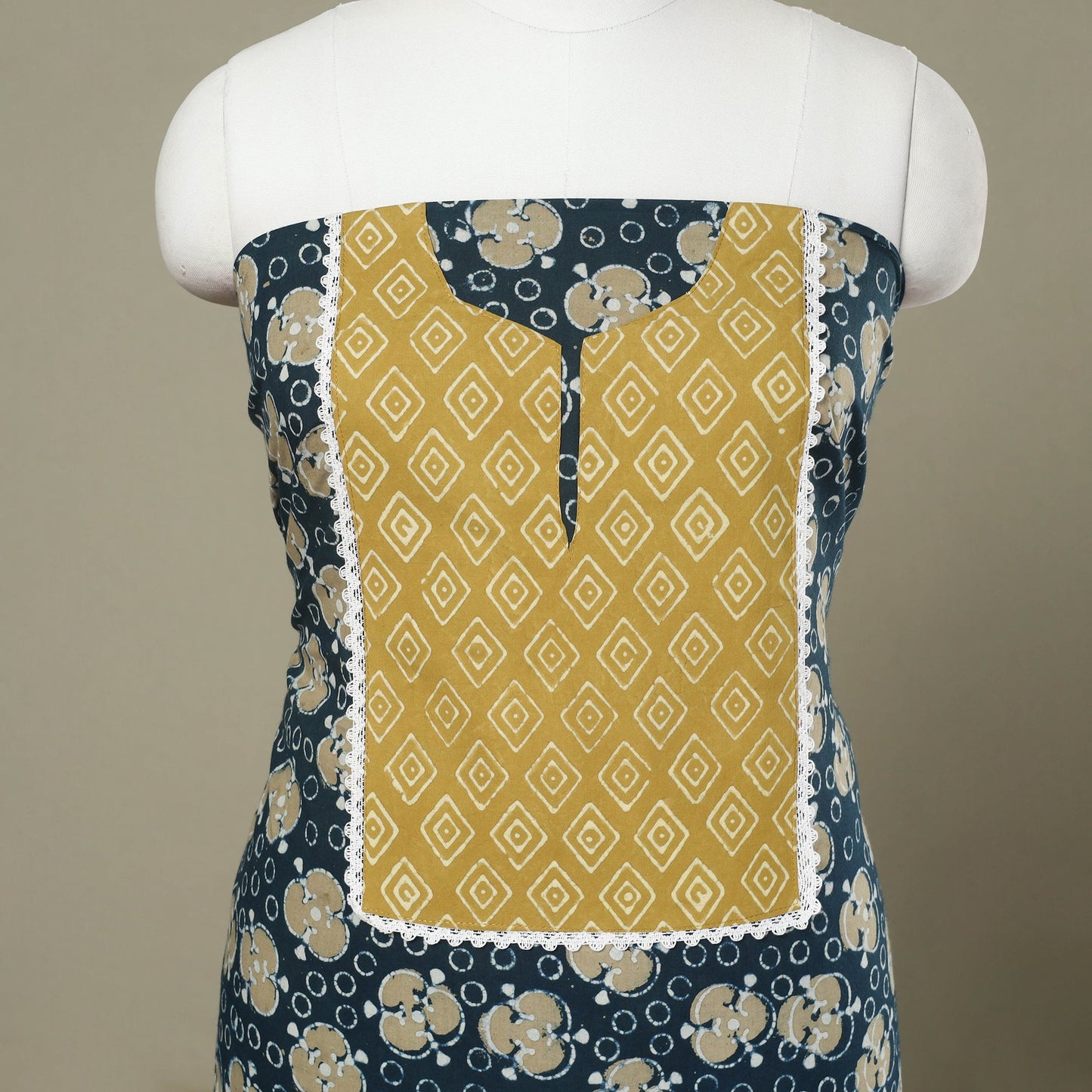 Buy Blue Pipad Print Patchwork Cotton Kurta Material