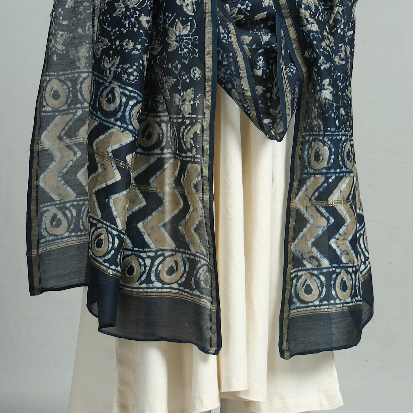 Blue - Pipad Block Printed Chanderi Silk Handloom Dupatta 32