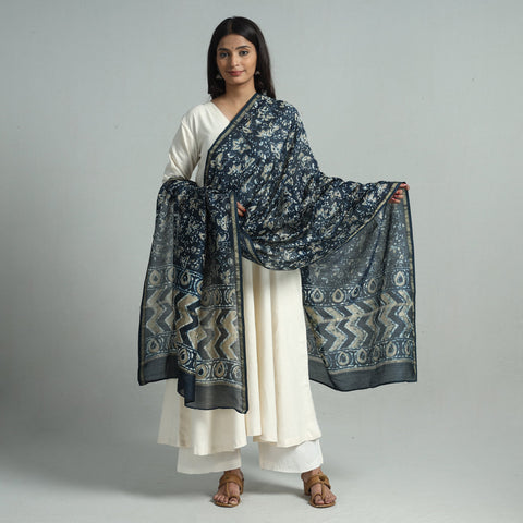 Blue - Pipad Block Printed Chanderi Silk Handloom Dupatta 32