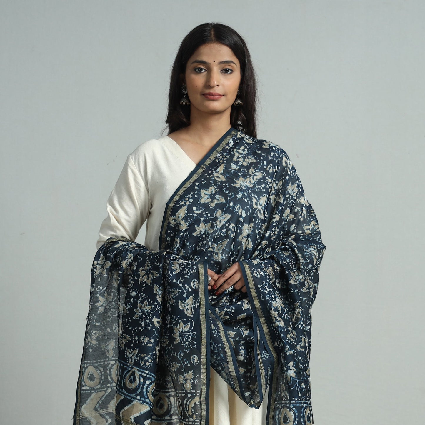 Blue - Pipad Block Printed Chanderi Silk Handloom Dupatta 32
