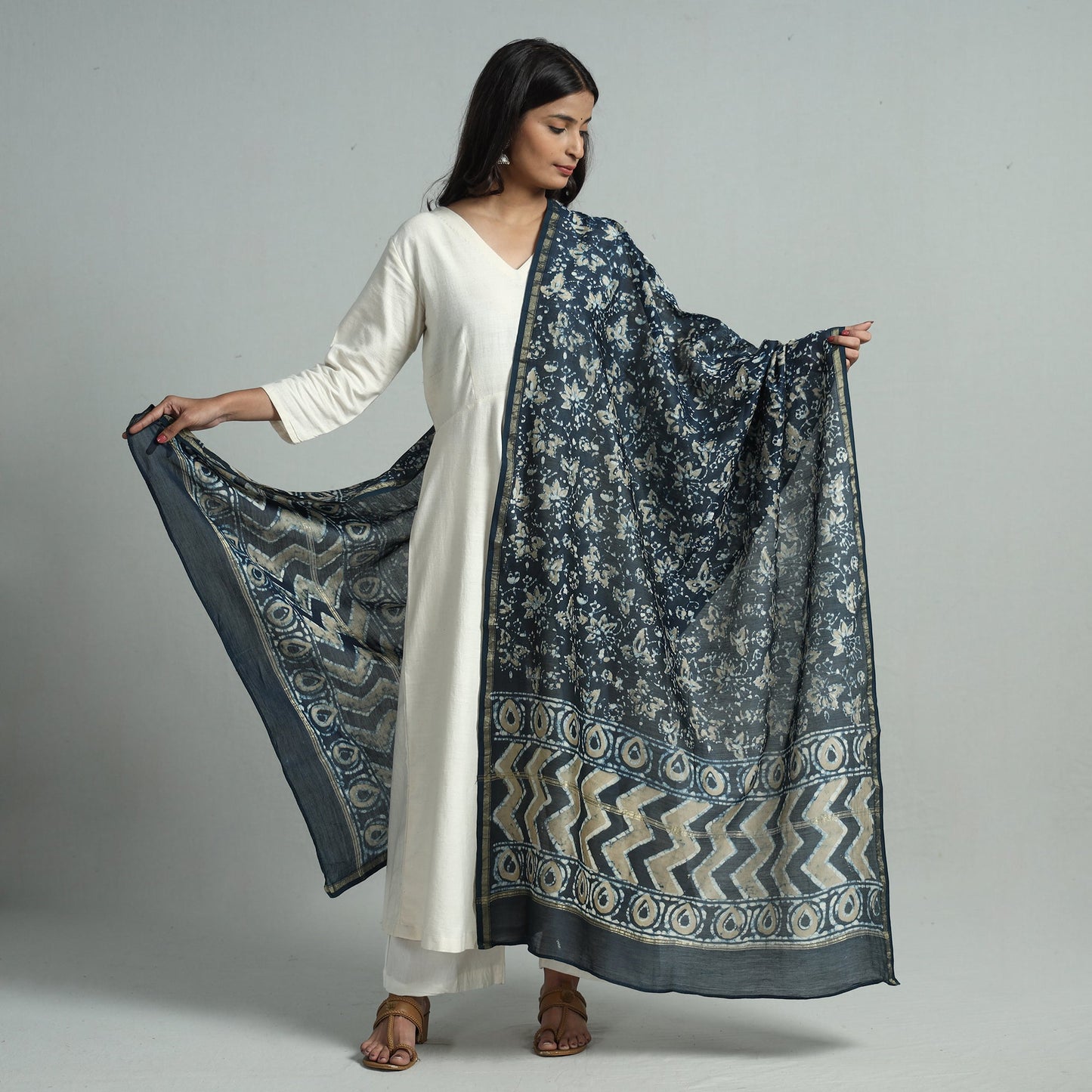 Blue - Pipad Block Printed Chanderi Silk Handloom Dupatta 32