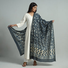 Blue - Pipad Block Printed Chanderi Silk Handloom Dupatta 32