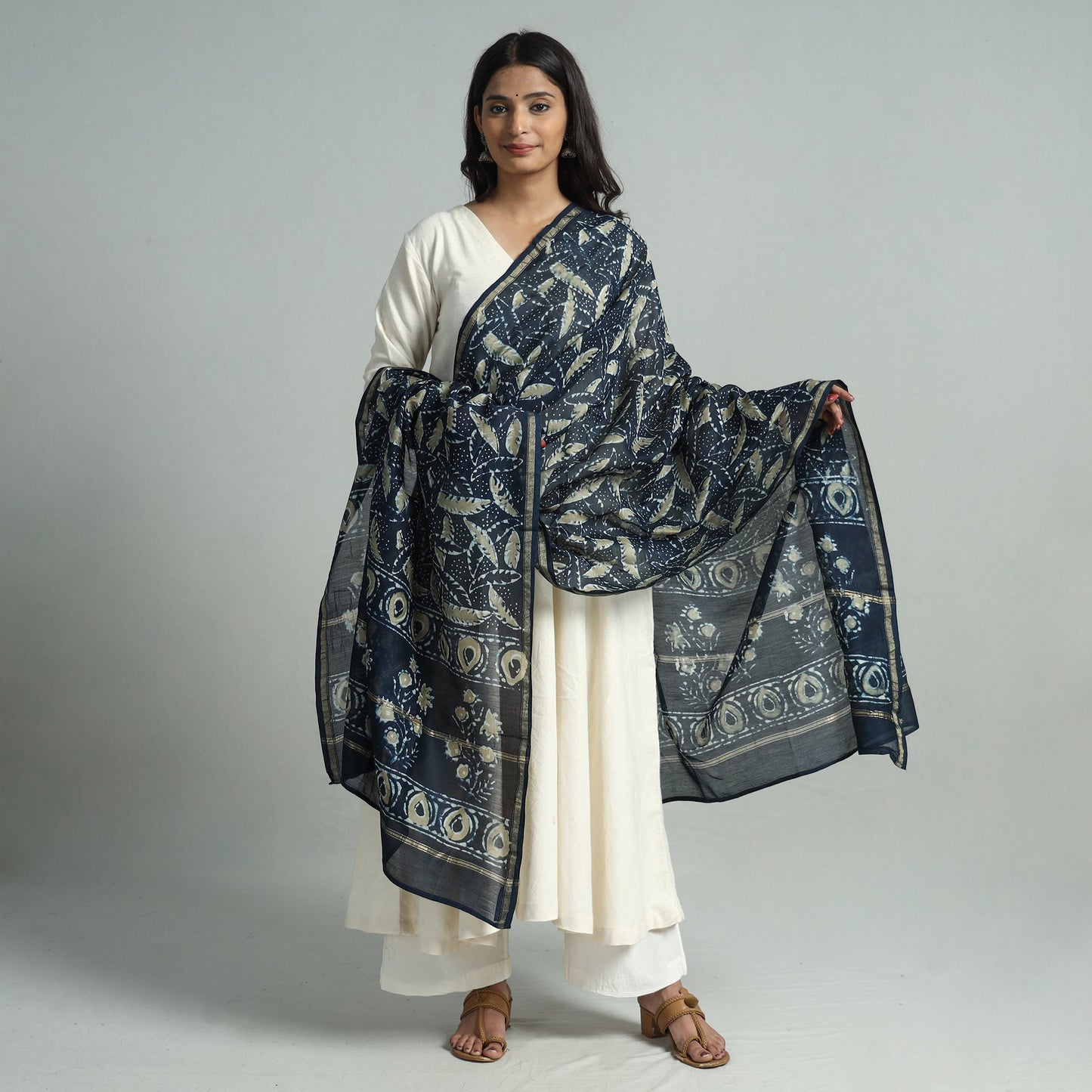 Blue - Pipad Block Printed Handloom Chanderi Silk Dupatta 64
