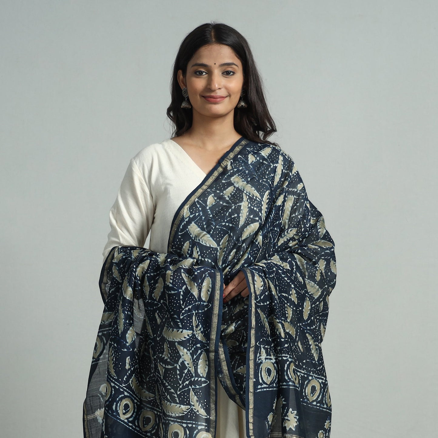Blue - Pipad Block Printed Handloom Chanderi Silk Dupatta 64