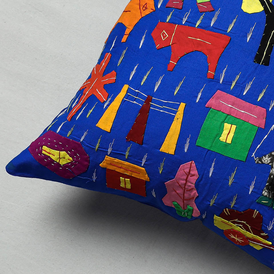 Blue Pipli Applique Work Cotton Cushion Cover