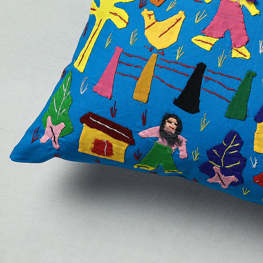 Blue Pipli Applique Work Cotton Cushion Cover