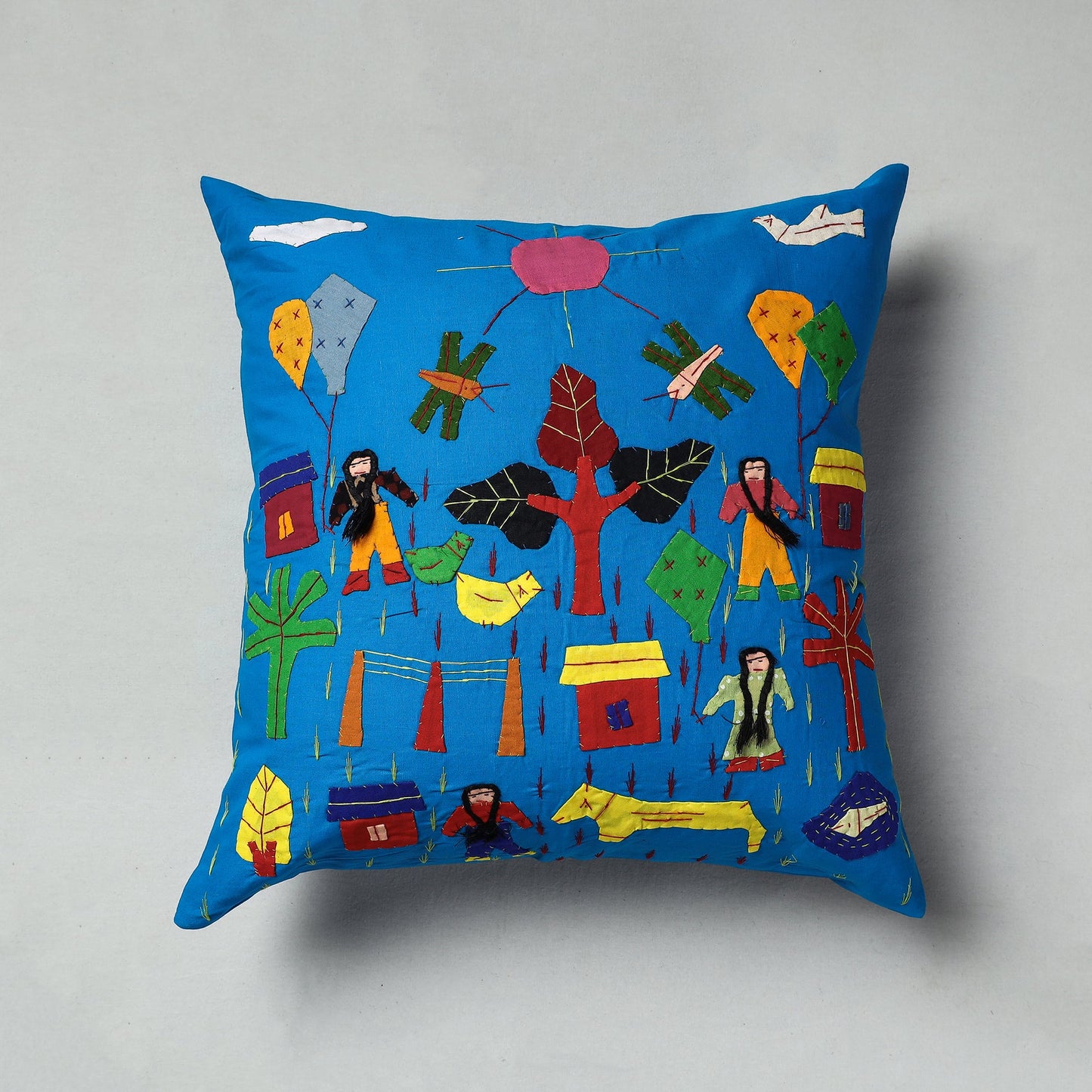 Blue Pipli Applique Work Cotton Cushion Cover