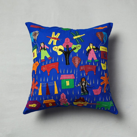 Blue Pipli Applique Work Cotton Cushion Cover