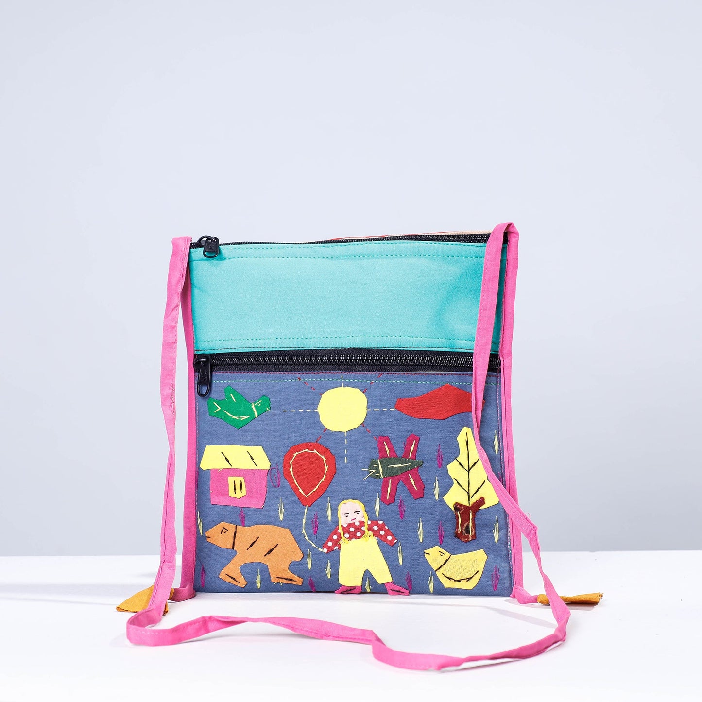 Blue - Pipli Applique Work Cotton Sling Bag
