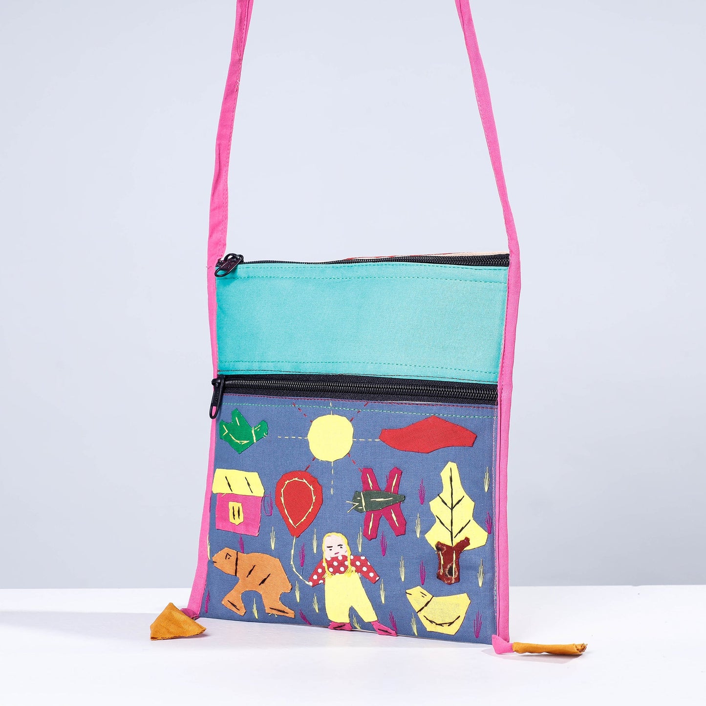 Blue - Pipli Applique Work Cotton Sling Bag
