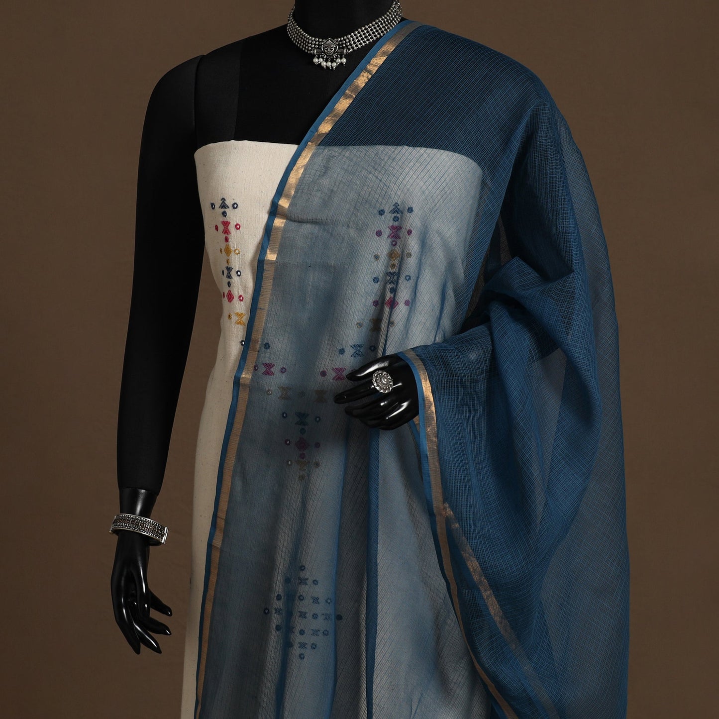 Blue Plain Cotton Kota Doria Dupatta