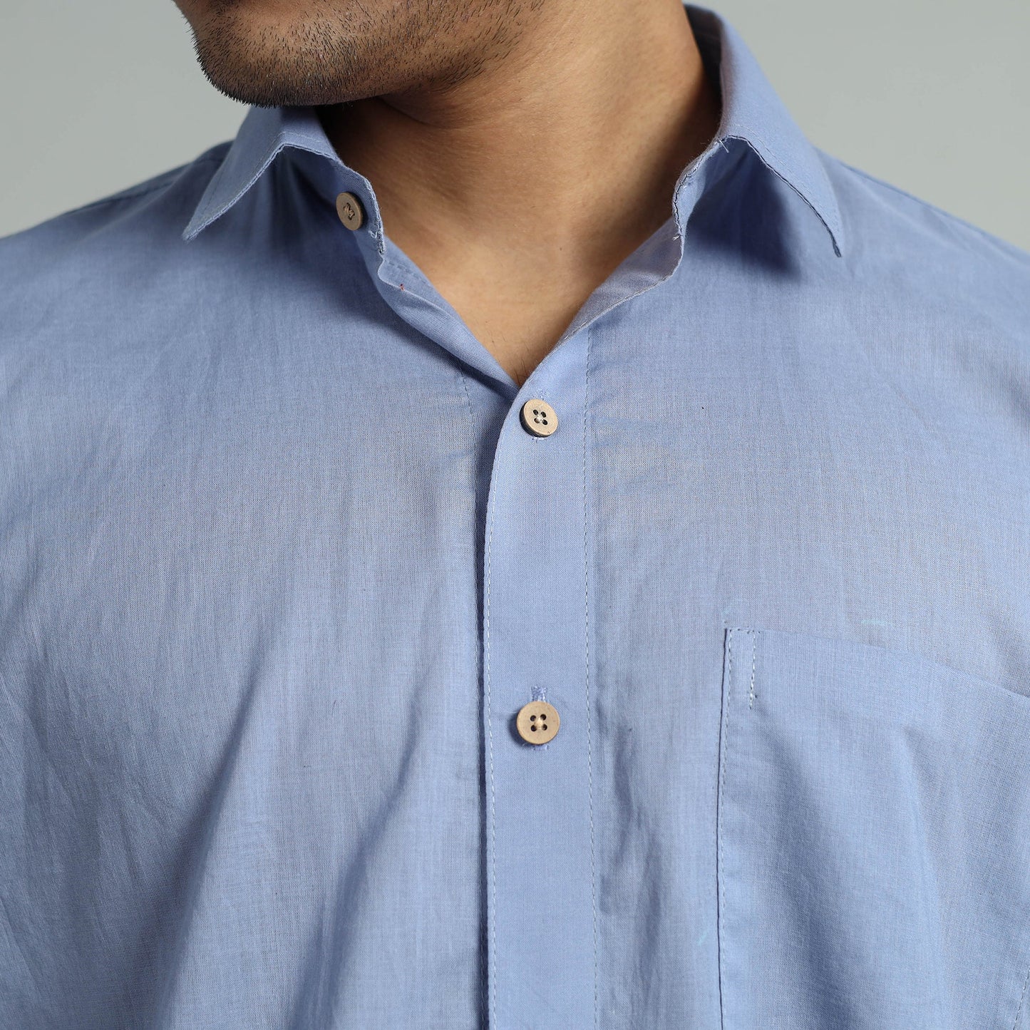  Blue Plain Cotton Men Half Sleeve Shirt 10 