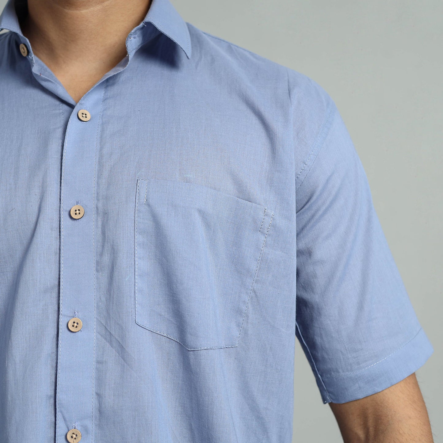  Blue Plain Cotton Men Half Sleeve Shirt 10 