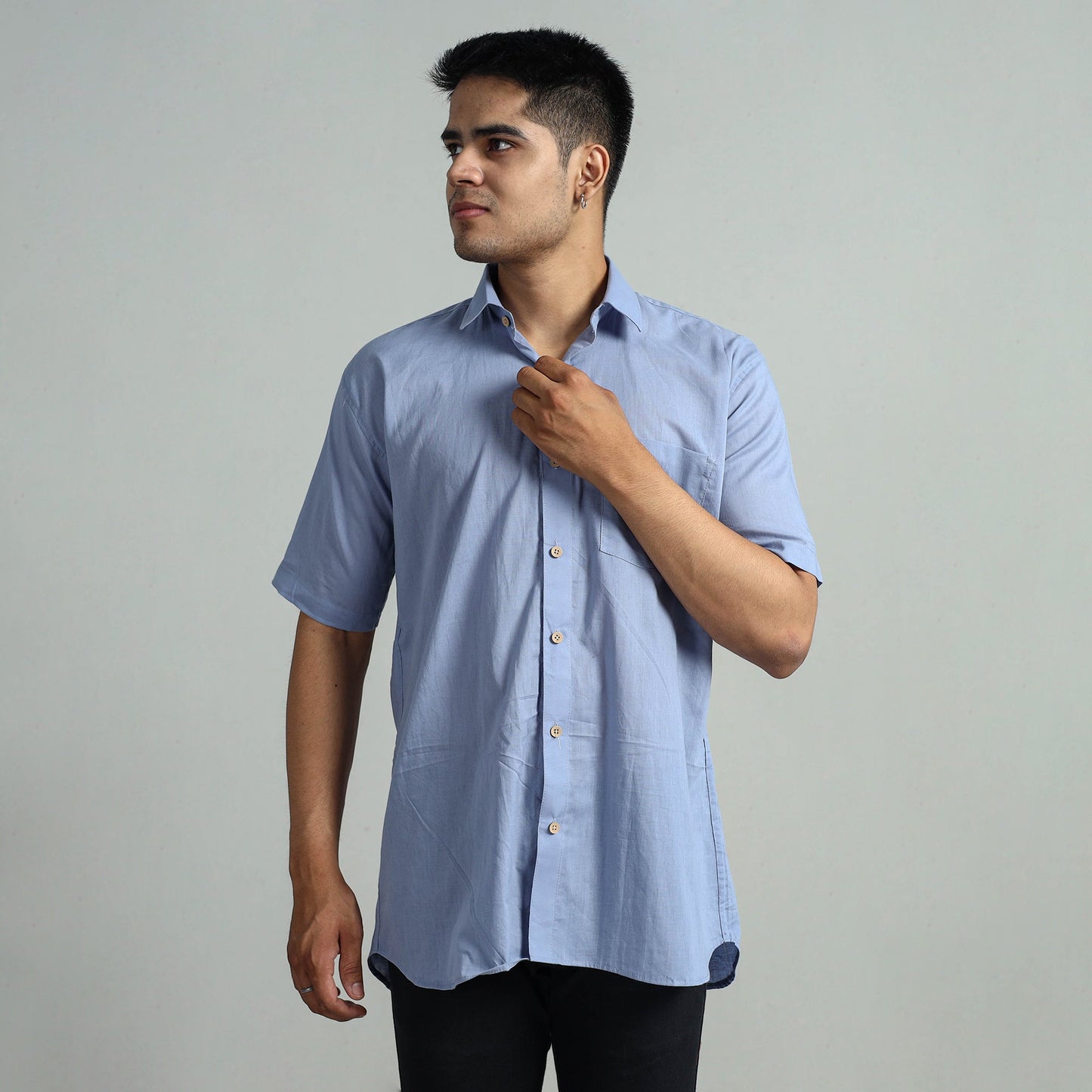  Blue Plain Cotton Men Half Sleeve Shirt 10 