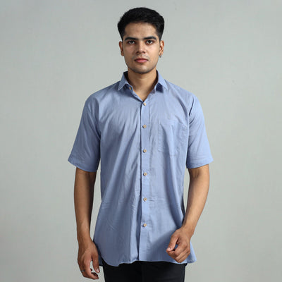  Blue Plain Cotton Men Half Sleeve Shirt 10 