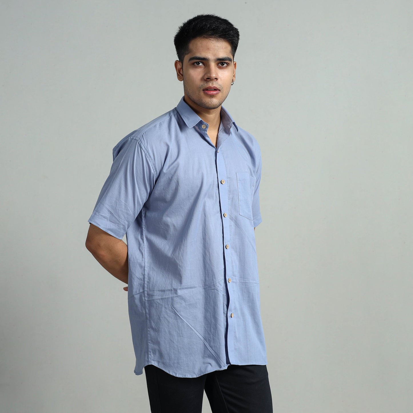  Blue Plain Cotton Men Half Sleeve Shirt 10 