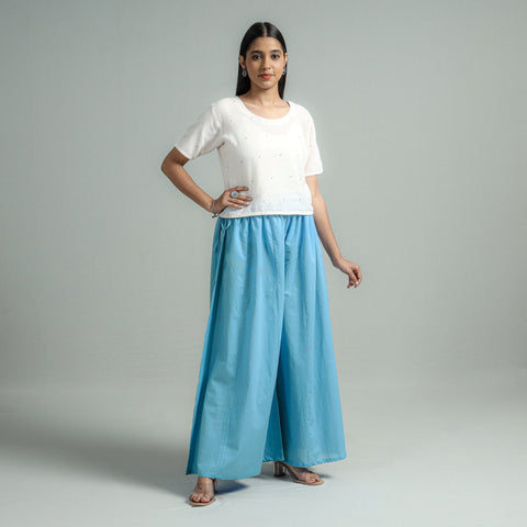 Buy Blue Plain Dyed Cotton Flared Palazzo Online