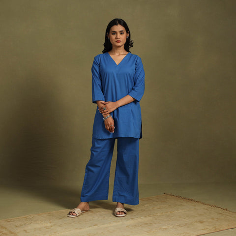 Blue Plain Dyed Cotton Co-Ord Set